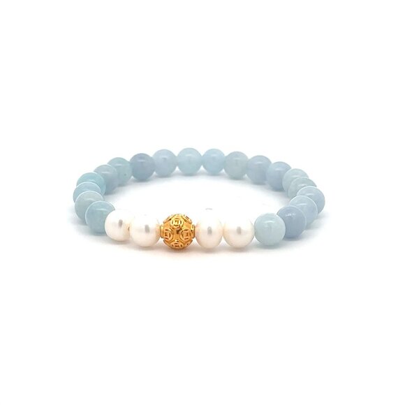 18K Gold Money Coin Ball Gemstones Birthstones Pearl Aquamarine 5-6mm - Picture 1 of 7